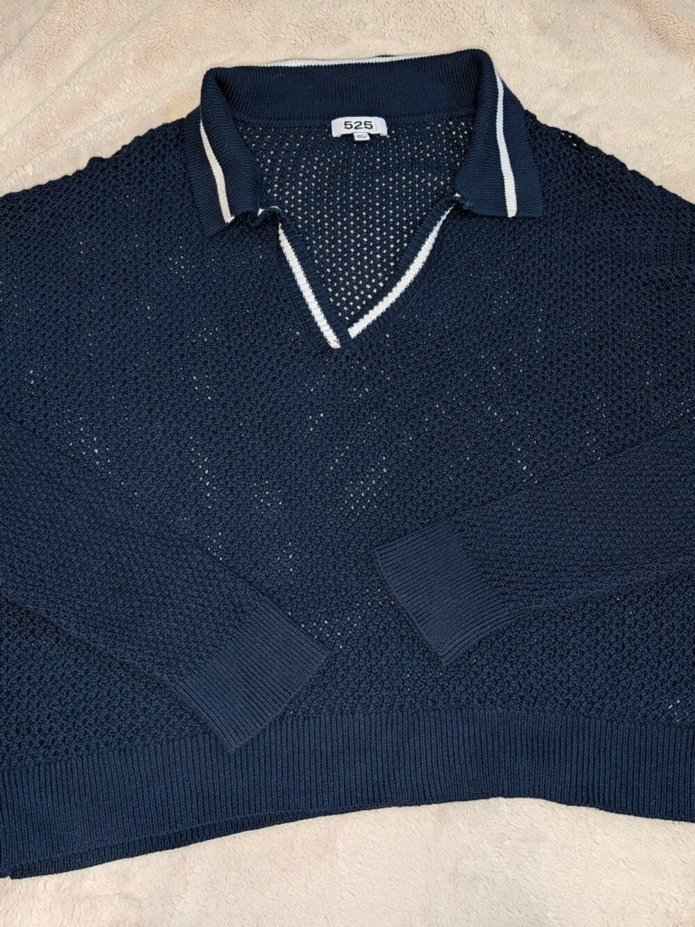 525 Women's Open Knit Polo Sweater 100% Cotton XL Navy Summer Oversized Sporty